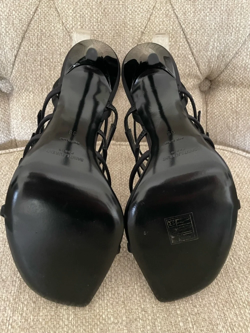 Saint Laurent Jerry Sandals Black Satin Rhinestone YSL Heels EU39 US9 NIB - Picture 13 of 16